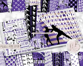 Wrestling Scrapbook Paper Download • Girl Wrestlers Tournament Wrestling Mat Purple School Color • Printable Paper Crafts 20 12x12 JPG & PDF