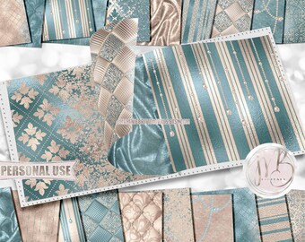 Aqua and Champagne Classy Scrapbook Paper Download • Sophisticated Design Diamonds Glitter Foil • Printable Paper Crafts 20 12x12 JPG & PDF