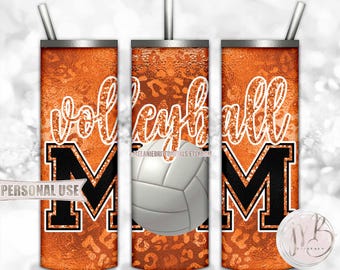 Orange Volleyball Mom 20oz Skinny Tumbler Wrap Sublimation Design Download • Shiny Leopard Print Glitter Mom Gift • DIY Print & Press