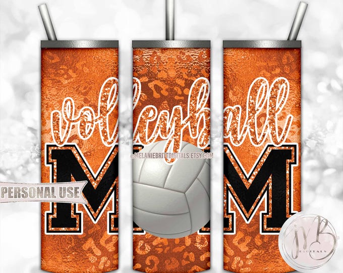 Orange Volleyball Mom 20oz Skinny Tumbler Wrap Sublimation Design Download • Shiny Leopard Print Glitter Mom Gift • DIY Print & Press