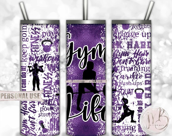 Purple Girl Gym Life 20oz Skinny Tumbler Wrap Sublimation Design • Fitness Typography Weights Workout Gift for Women • DIY Print and Press