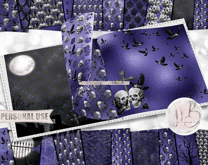 Indigo Blue Gothic Halloween Skulls Scrapbook Paper Download • Raven Spider Cross Moon • Scrapbooking Printable