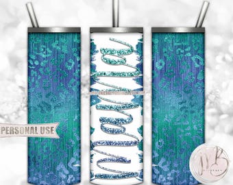Blue Turquoise Mama 20oz Skinny Tumbler Wrap Sublimation Design Download • Leopard Print Glitter Embossed Mama Wordart • DIY Print and Press
