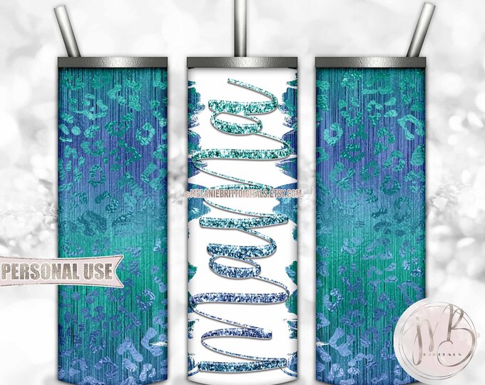 Blue Turquoise Mama 20oz Skinny Tumbler Wrap Sublimation Design Download • Leopard Print Glitter Embossed Mama Wordart • DIY Print and Press