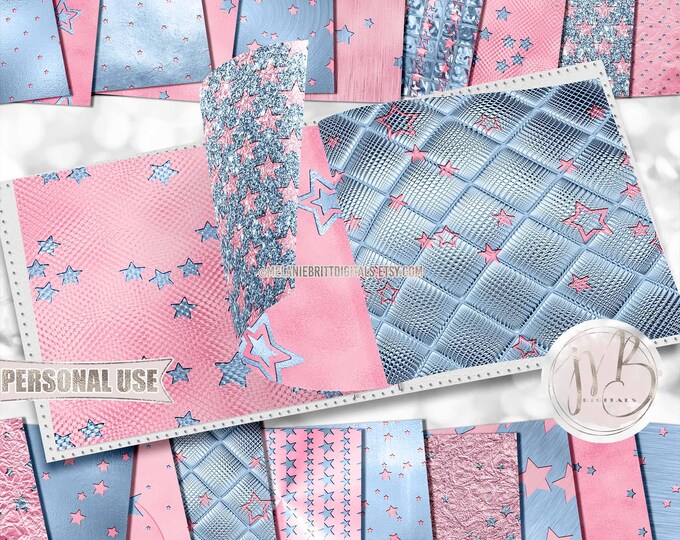 Baby Pink and Blue Embossed Stars Scrapbook Paper Download • Shimmering Metallic Foil Design • Printable Paper Crafts 20 12x12 JPG & PDF