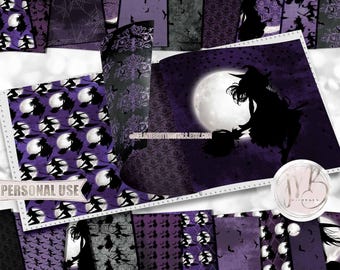 Purple Happy Halloween Witches Scrapbook Paper Download • Good Witch Wicked Witch Grunge Design • Printable Paper Crafts 20 12x12 JPG & PDF