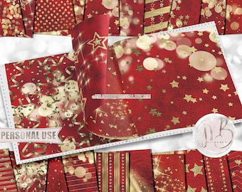 Red Formal Party Scrapbook Paper Download • Gold Stars Streamers Confetti Glitter Foil • DIY Printable Paper Crafts 20 12x12 JPG & PDF