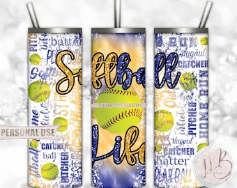 Glitter Softball Life 20oz Skinny Tumbler Wrap Sublimation Design • Blue and Athletic Gold Tie Dye Softball Typography • DIY Print and Press