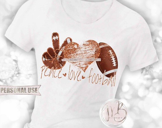 Dark Orange Peace Love Football T-Shirt Sublimation Design • Glitter Hand Peace Sign Distressed Heart Sports Gift • DIY Print & Press