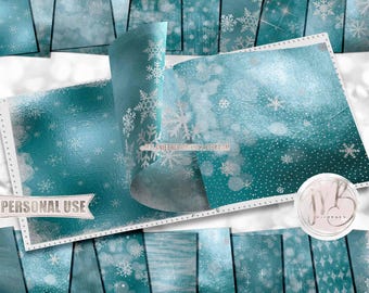 Teal Winter Frost Scrapbook Paper Download • Snowflakes Frosty Snow Shimmering Foil Design • Printable Paper Crafts 20 12x12 JPG & PDF