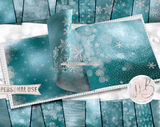 Teal Winter Frost Scrapbook Paper Download • Snowflakes Frosty Snow Shimmering Foil Design • Printable Paper Crafts 20 12x12 JPG & PDF