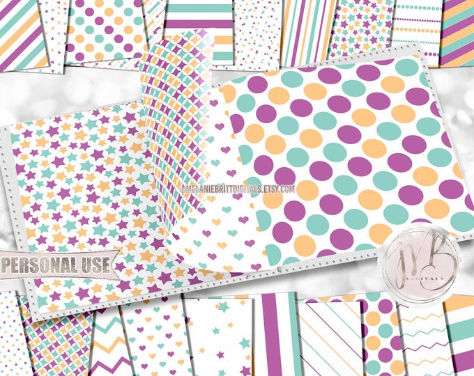 Purple Mint and Yellow Classic Scrapbook Paper Download • Patterned Geometric Design • DIY Printable Paper Crafts 20 12x12 JPG & PDF