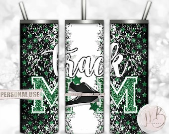 Green Track Mom 20oz Skinny Tumbler Wrap Sublimation Design Download • Track Shoes Stars Glitter Letters Track Mom Gift • DIY Print & Press
