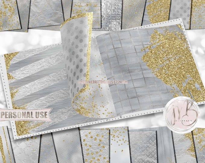 Glam Scrapbook Paper Download • Silver and Gold Sparkling Glitter and Shimmering Foil Design • Printable Paper Crafts 20 12x12 JPG & PDF