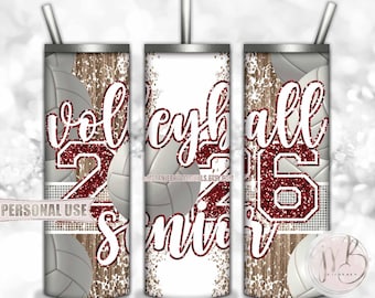 Maroon Volleyball Senior 2026 20oz Skinny Tumbler Wrap Sublimation Design Download • Volleyball Court Senior Night Gift • DIY Print & Press