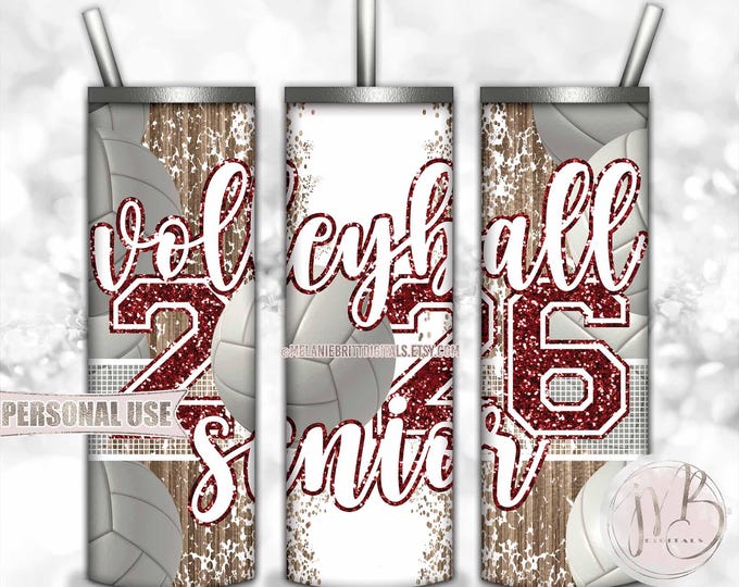 Maroon Volleyball Senior 2026 20oz Skinny Tumbler Wrap Sublimation Design Download • Volleyball Court Senior Night Gift • DIY Print & Press