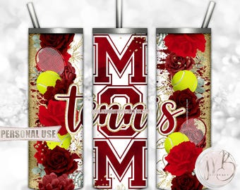 Floral Tennis Mom 20oz Skinny Tumbler Wrap Sublimation Download • Red Flowers Gold Splatter Sports Mom Gift • DIY Print and Press
