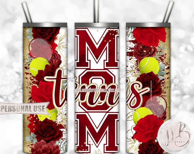 Floral Tennis Mom 20oz Skinny Tumbler Wrap Sublimation Download • Red Flowers Gold Splatter Sports Mom Gift • DIY Print and Press