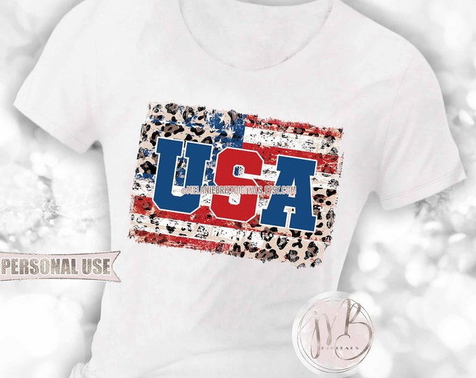 Featured listing image: Patriotic T-Shirt Sublimation Design Download • Classic Leopard Print USA Shirt American Flag Celebrate July 4th Party • DIY Print and Press
