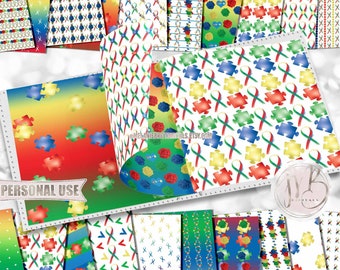 Autism Awareness Scrapbook Paper Download • Blue Green Yellow Red Ribbons Roses Puzzle Pieces • Printable Paper Crafts 20 12x12 JPG & PDF