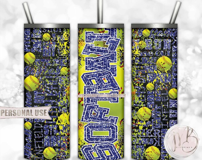 Blue Glitter Softball 20oz Skinny Tumbler Wrap Sublimation Design Download • Distressed Softball Typography Tumbler Gift • DIY Print & Press