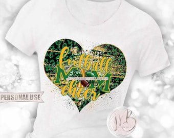 Mom of Both Football and Cheer Heart T-Shirt Sublimation Design • Helmet Pom Green and Athletic Gold Leopard Print • DIY Print & Press