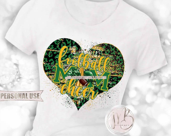 Mom of Both Football and Cheer Heart T-Shirt Sublimation Download • Helmet Pom Green and Athletic Gold Leopard Print • DIY Print & Press