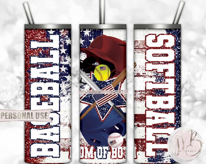 Patriotic Mom of Both Baseball and Softball 20oz Skinny Tumbler Sublimation Design • Helmets Star Distressed USA Flag • DIY Print & Press