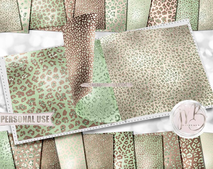 Pastel Baby Green Nursery Leopard Print Scrapbook Paper Download • Glitter Sparkles and Foil • DIY Printable Paper Crafts 20 12x12 JPG & PDF