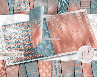 Aqua and Peach Luxury Scrapbook Paper Download • Luxurious Design Glitter Sparkle Foil Shimmer • Printable Paper Crafts 20 12x12 JPG & PDF
