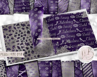 Dark Purple & Silver Sassy Scrapbook Paper Download • Diamond Bling Lips Heels Girly Glitter Foil • Printable Paper Crafts 20 12x12 JPG PDF