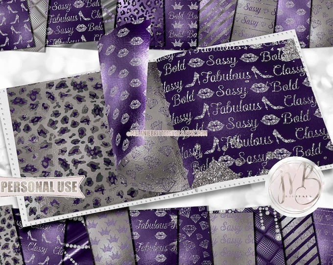 Dark Purple & Silver Sassy Scrapbook Paper Download • Diamond Bling Lips Heels Girly Glitter Foil • Printable Paper Crafts 20 12x12 JPG PDF
