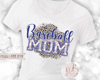 Blue Baseball Mom T-Shirt Sublimation Design Download • Classic Leopard Print Baseball Varsity Letters Mom Gift • DIY Print and Press