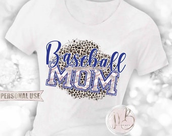 Blue Baseball Mom T-Shirt Sublimation Design PNG Download • Classic Leopard Print Baseball Varsity Letters • Print and Press