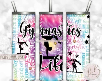 Gymnastics Life 20oz Skinny Tumbler Wrap Sublimation Design Download • Rainbow Tie Dye Gymnast Medals Typography • DIY Print and Press
