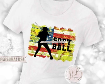 Patriotic Softball T-Shirt Sublimation Design Download • Distressed USA Flag Softball Batter Silhouette Softball Gift • DIY Print and Press