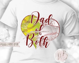 Maroon Baseball and Softball Dad of Both Heart T-Shirt Sublimation Design Download • School Sports Ball Park Dad Gift • DIY Print and Press