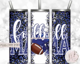 Royal Blue Football Mama 20oz Skinny Tumbler Wrap Sublimation Design • Football Helmet Leopard Print Sports Mama Gift • DIY Print and Press