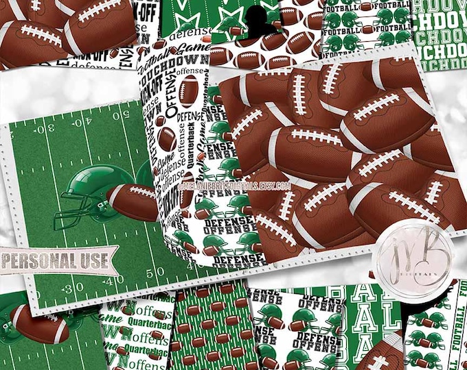 Green Football Scrapbook Paper Download • Helmets Players Turf Field Sport Typography • Scrapbooking Printable