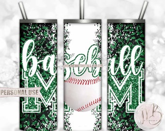 Green Baseball Mom 20oz Skinny Tumbler Wrap Sublimation Design Download • Leopard Print Sports Mom Glitter Letters • Sublimation Crafts