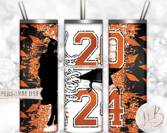 Orange Class Of 2024 Graduation 20oz Skinny Tumbler Wrap Sublimation PNG Download • Girl Graduate Graduation Cap Diploma • Seamless Design