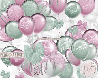 Pink and Mint Mother's Day Party Balloon Scrapbook Embellishments • Celebrate Mom Balloon Fussy Cuts • DIY Printable Paper Cutouts PNG & PDF