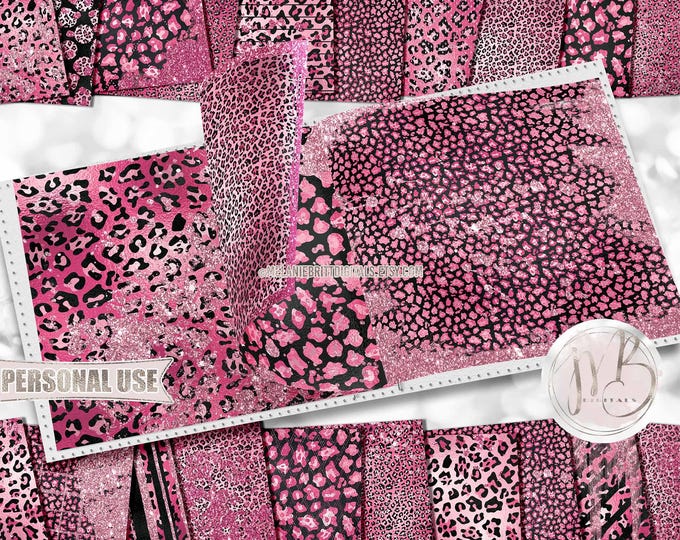 Pink Glam Leopard Print Scrapbook Paper Download • Sparkling Glitter and Shimmering Foil Design • Printable Paper Crafts 20 12x12 JPG & PDF