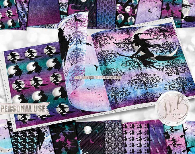 Rainbow Grunge Happy Halloween Witches Scrapbook Paper Download • Good and Wicked Witch Party • Scrapbooking Printable