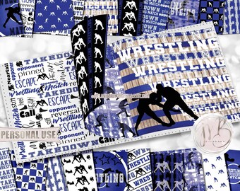 Wrestling Scrapbook Paper Download • Boy Wrestlers Tournament Wrestling Mat Blue School Colors • Printable Paper Crafts 20 12x12 JPG & PDF