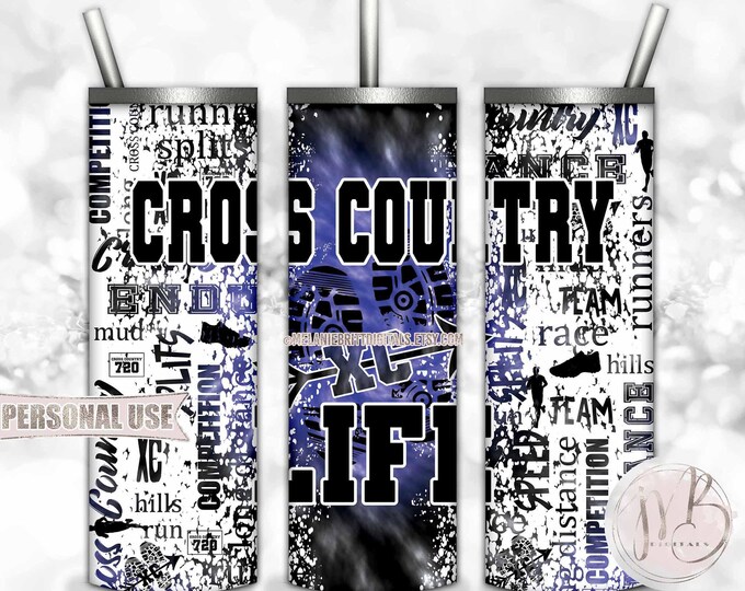 Boy Cross Country Life 20oz Skinny Tumbler Wrap Sublimation Download • Blue and Black Tie Dye Terrain Endurance Running • DIY Print & Press