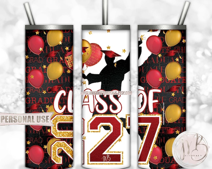 Class Of 2027 Boy Graduation Tumbler Wrap Download • Red and Athletic Gold Colors Graduate Gift • Sublimation Print and Press