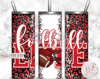 Red Football Life 20oz Skinny Tumbler Wrap Sublimation Design • Football Helmet Leopard Print School Sports Gift • DIY Print & Press