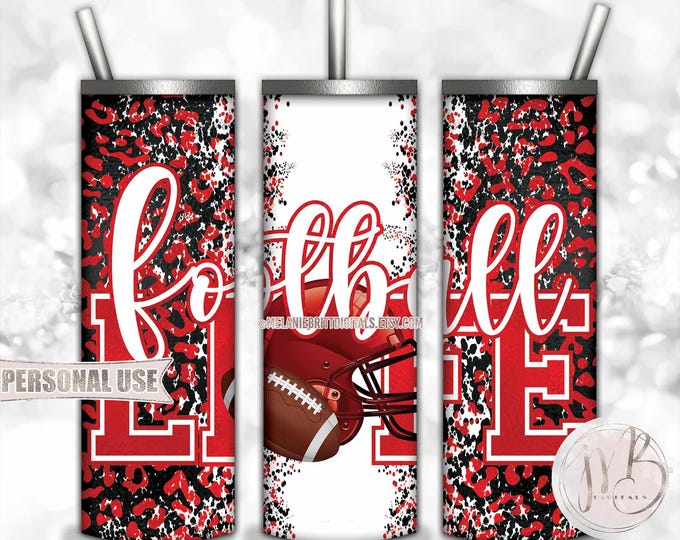 Red Football Life 20oz Skinny Tumbler Wrap Sublimation Design • Football Helmet Leopard Print School Sports Gift • DIY Print & Press