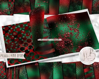 Christmas Glam Scrapbook Paper Download • Dark Red and Green Sparkling Glitter and Foil Design • Printable Paper Crafts 20 12x12 JPG & PDF